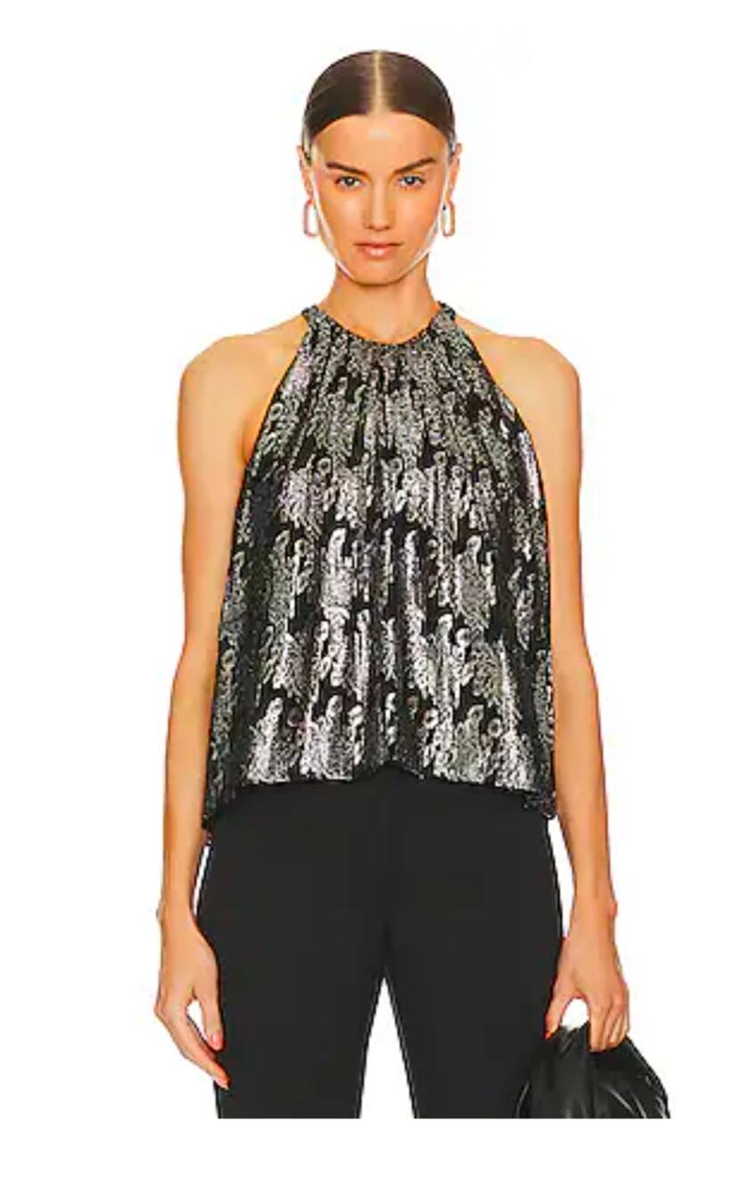 NWT Joie Black Metallic Floral Halter Top Pleated Swing Sleeveless Blouse XS